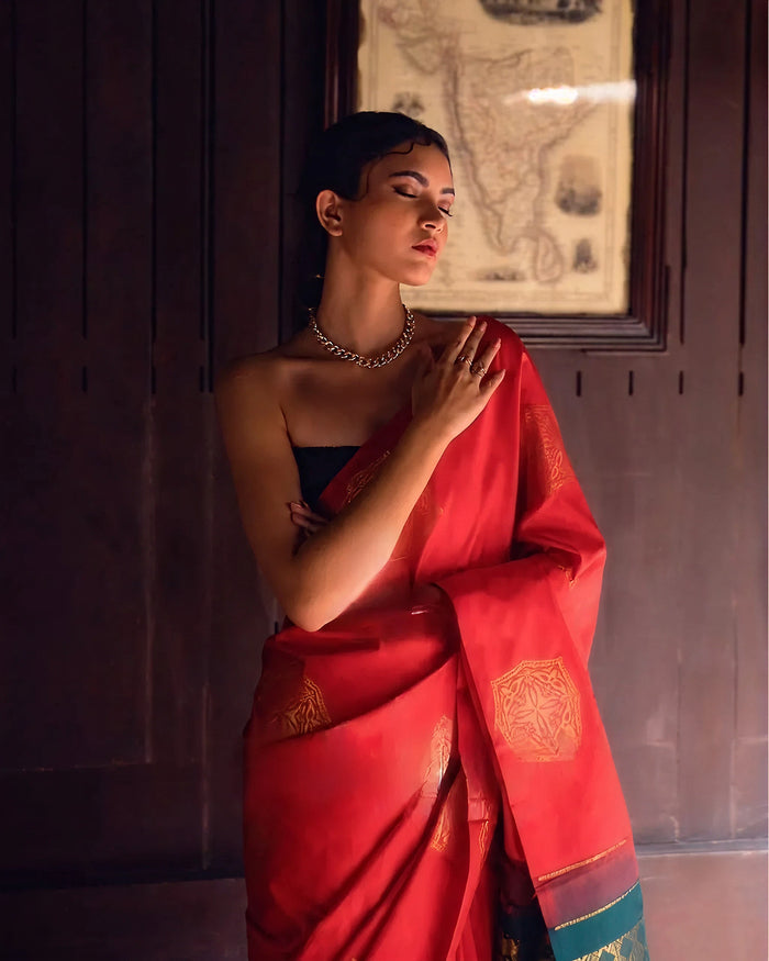 Radiant Red Jacquard Saree for Weddings, Festive Celebrations & Special Events