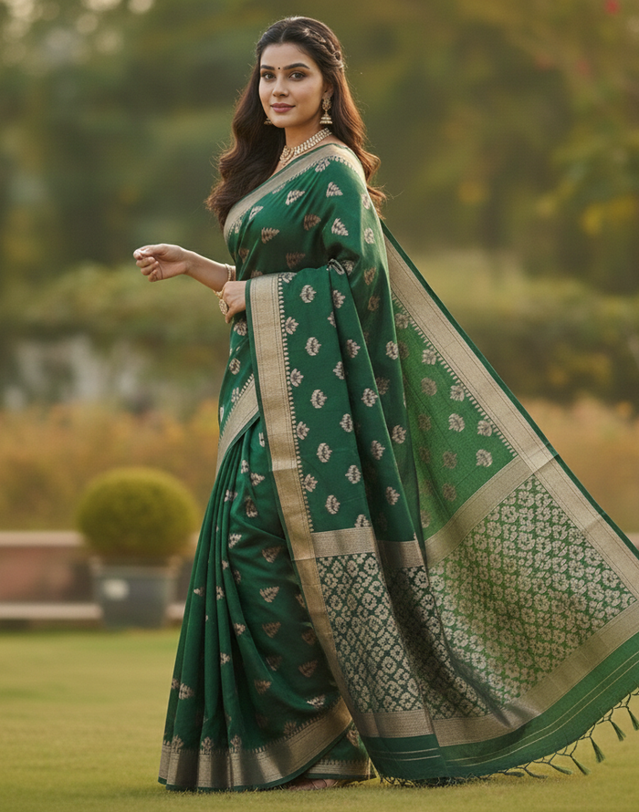 Green Jacquard Saree – Elegant Woven Saree for Festive & Special Occasions