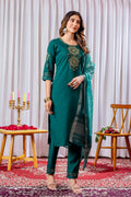 Elegant Green Viscose Silk Embroidered Kurta Set