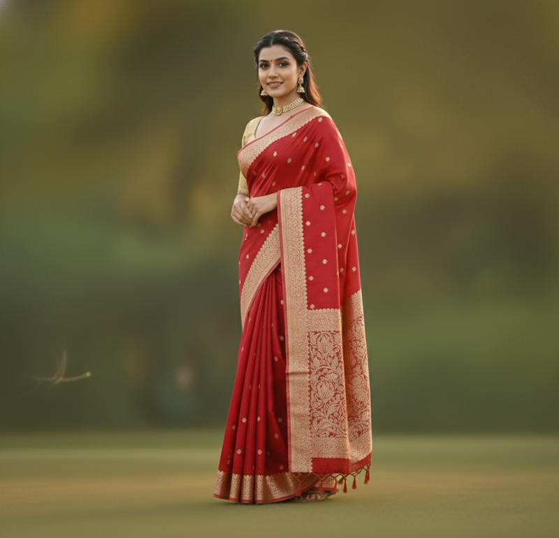 Bright Red Jacquard Saree