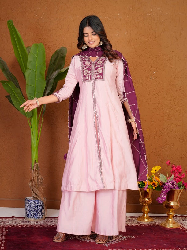 Elegant Pink Roman Silk Anarkali Kurti Set