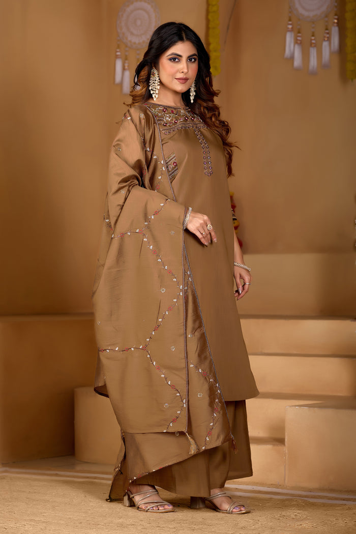 Elegant Brown Viscose Mango Silk Anarkali Kurti Set