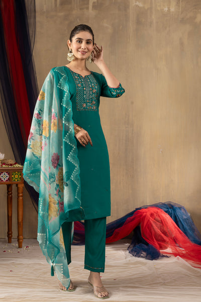 Rama Green Roman Silk Embroidered Kurta Pant Set