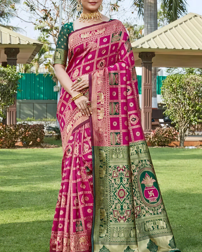 Luxurious Wine Jacquard Saree – Elegant Woven Festive & Wedding Wear