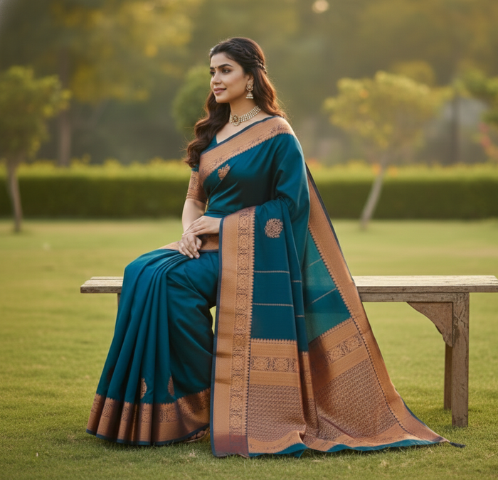 Elegant Teal Blue Jacquard Saree for Timeless Festive & Wedding Style