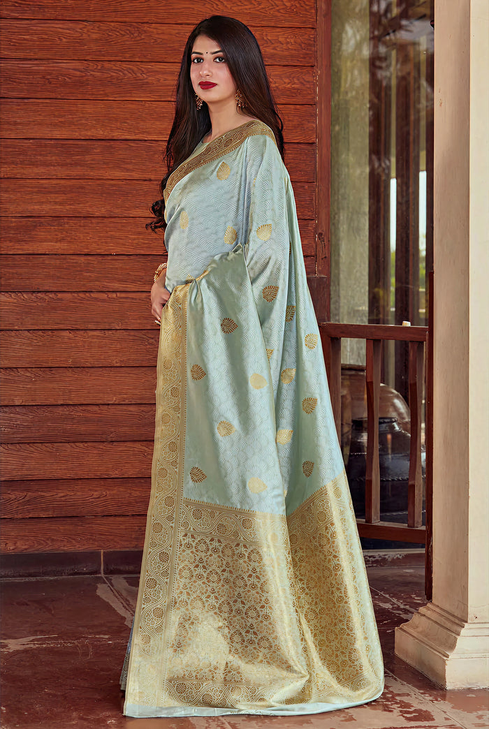 Serene Tea Blue Jacquard Saree – Elegant Woven Saree for Festive & Wedding Occasions