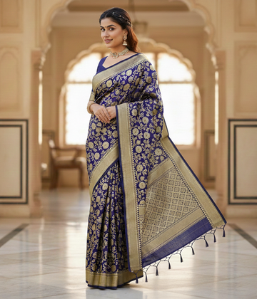 Elegant Navy Blue Jacquard Saree – Timeless Weave & Royal Finish