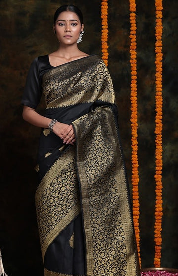 Classic Black Jacquard Saree – Luxurious Woven Texture & Elegant Festive Look