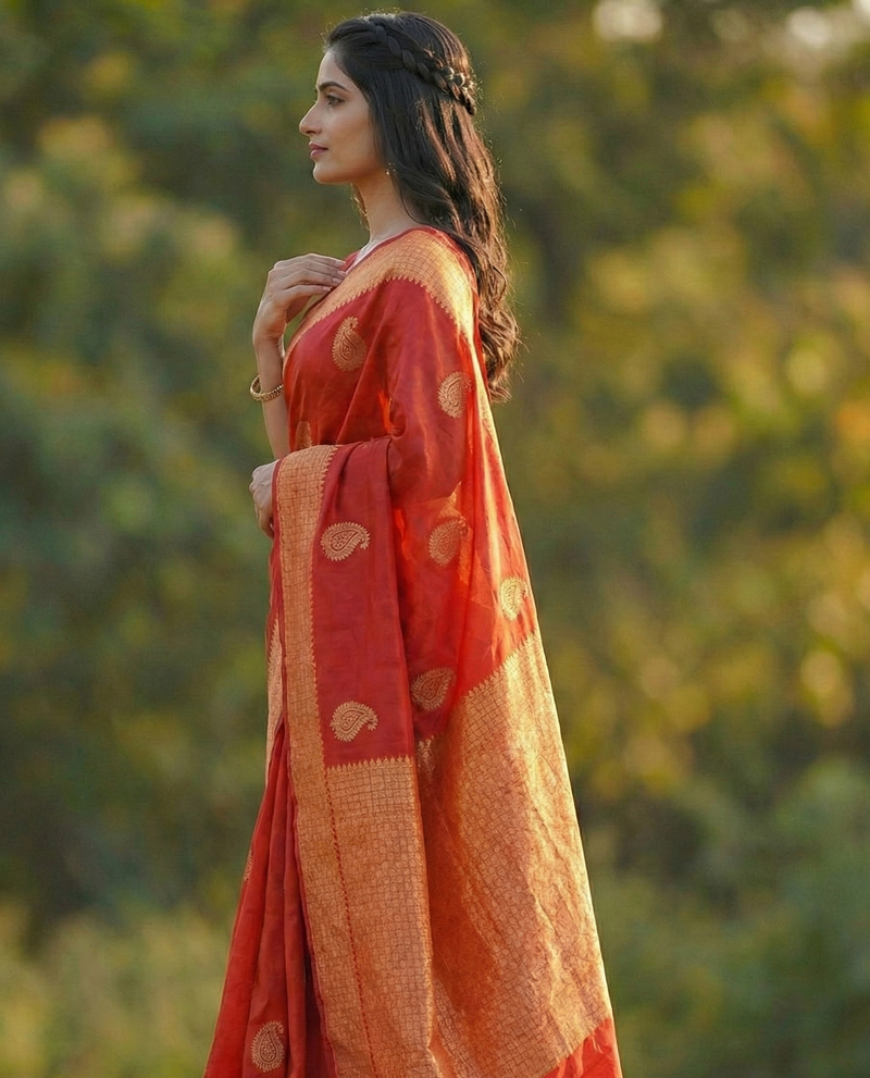 Radiant Red Jacquard Saree – Luxurious Woven Elegance for Festive & Bridal Moments