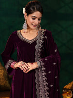 Maroon Embroidered Velvet A-Line Suit Set