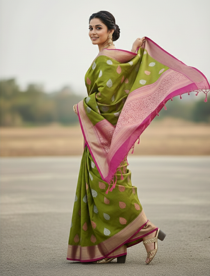 Mahendi Green Jacquard Saree – Elegant Festive Wear with Rich Woven Detailing