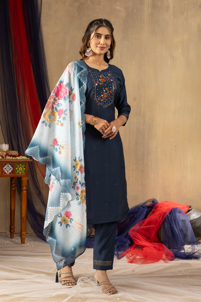 Aarohi Viscose Navy Blue Embroidered Kurta Pant Set