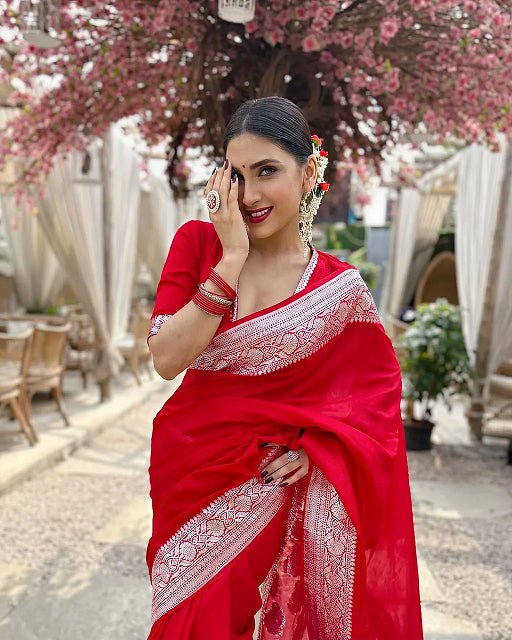 Red Jacquard Saree – Elegant & Festive Indian Ethnic Wear