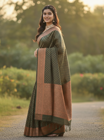 Mahendi Green Jacquard Saree – Elegant Woven Detailing & Festive Traditional Style
