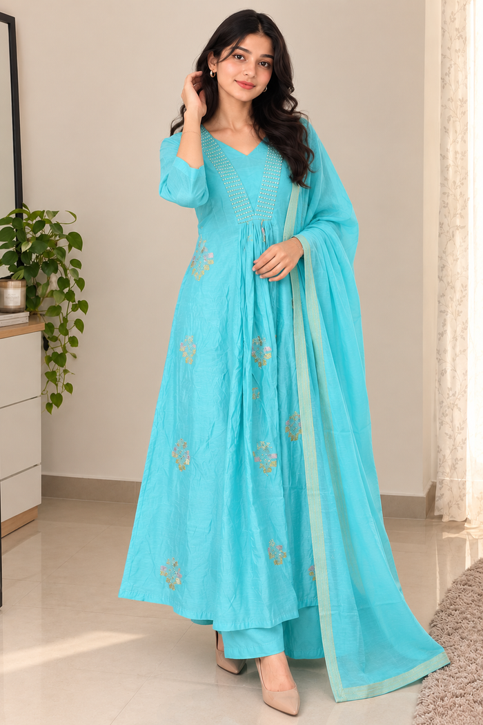 Sky Blue Embroidered Anarkali Kurta Pant Set with Dupatta