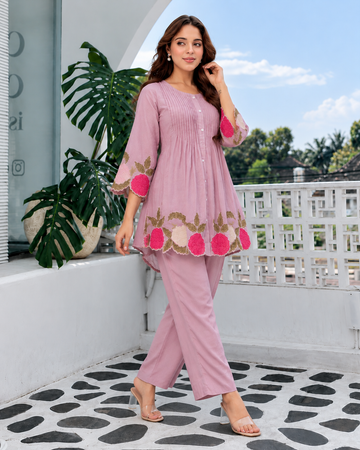 Elegant Lavender Mul Chanderi Embroidered Cord Set for Women