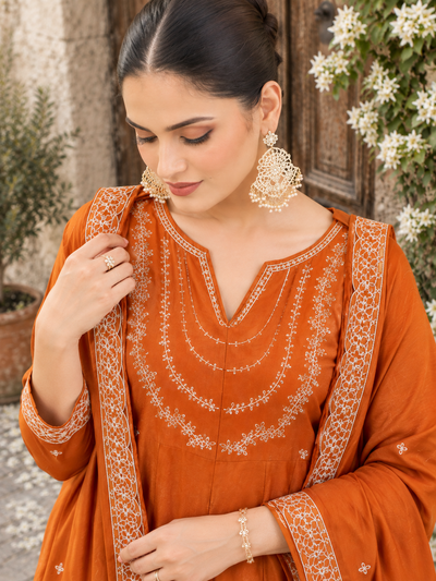 Orange  Embroidered Vichitra Silk Anarkali  Suit Set