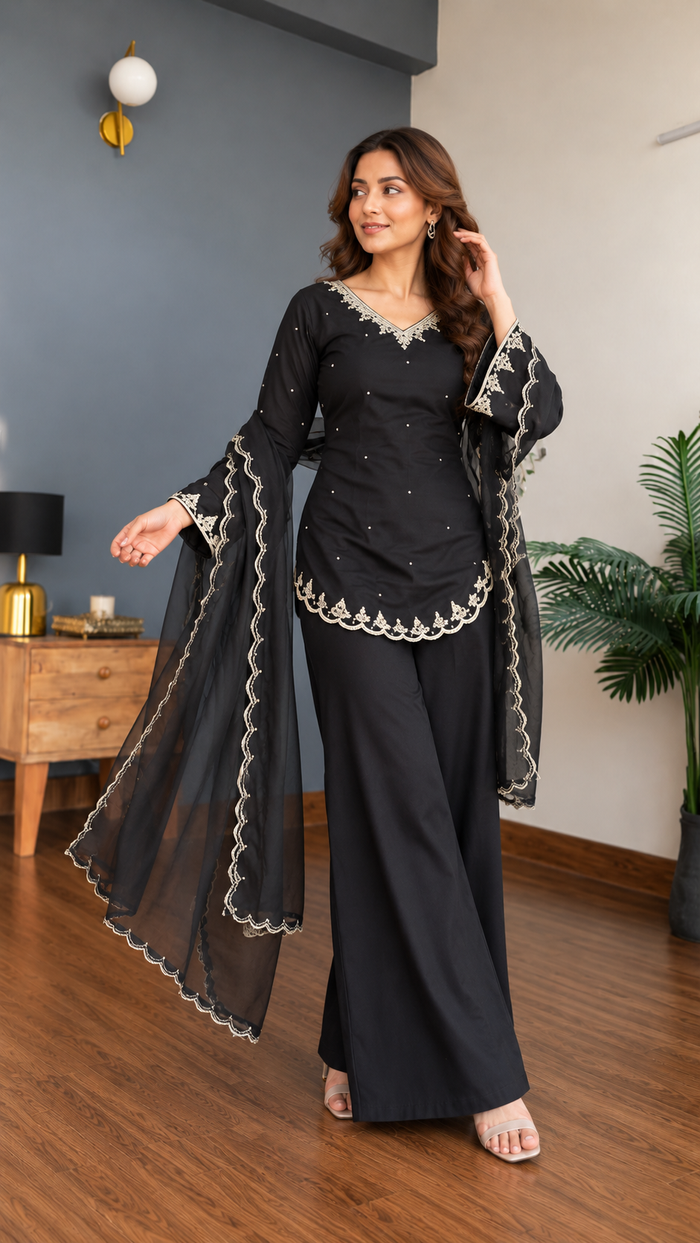Black Silk Crepe Embroidered Palazzo Set