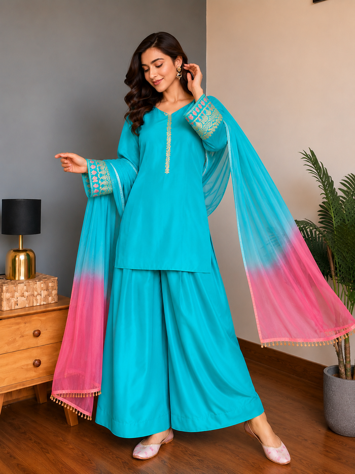Sky Blue Embroidered Kurta Pant Set