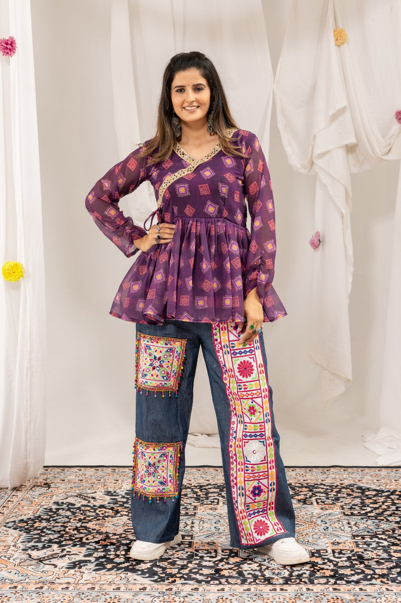 Purple Mirror Work Kediya with Denim Jeans Set