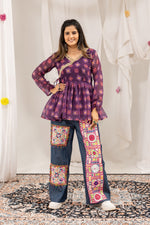 Purple Mirror Work Kediya with Denim Jeans Set