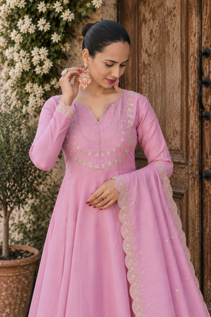 Pink Embroidered Silk Crepe Patiala Gharara Set
