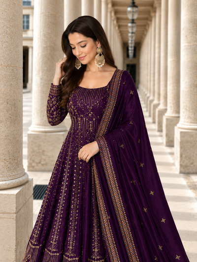 Purple Crunchy Silk Embroidered Anarkali Gown Set