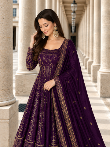 Purple Crunchy Silk Embroidered Anarkali Gown Set