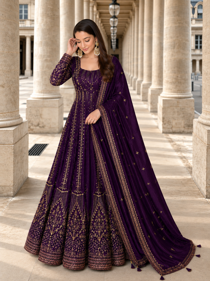 Purple Crunchy Silk Embroidered Anarkali Gown Set