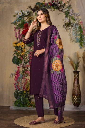 Wine Roman Silk Multi Embroidered Suit Set