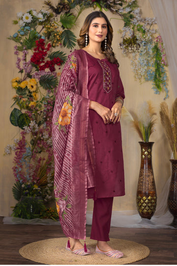 Cerise Roman Silk Multi Embroidered Suit Set