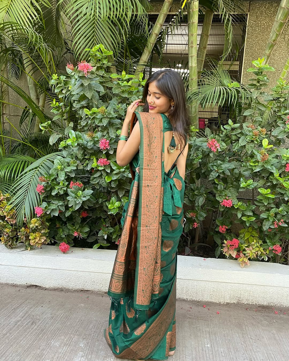 Elegant Dark Green Jacquard Saree