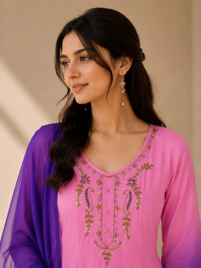 Pink & Royal Purple Embroidered Anarkali Suit Set