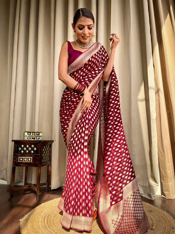 Royal Maroon Jacquard Saree – Luxurious Woven Design for Weddings & Festive Occasions