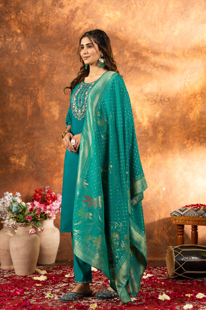 Meher Rama Green Marina Silk Embroidered Kurta Pant Set