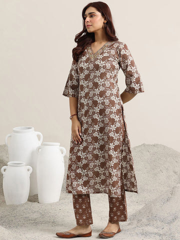 Brown Printed Magic Cotton Kurta Set