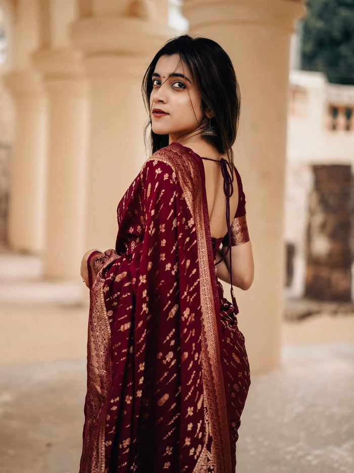 Rich Maroon Jacquard Saree – Elegant Woven Saree for Wedding, Festive & Party Wear