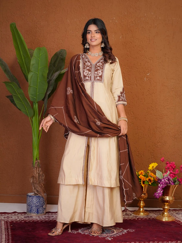 Elegant Cream Roman Silk Anarkali Kurti Set