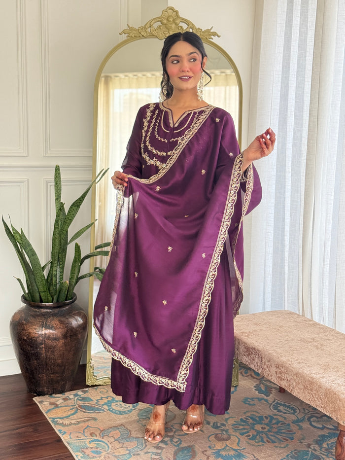 Embroidered Vichitra Silk Anarkali Suit Set