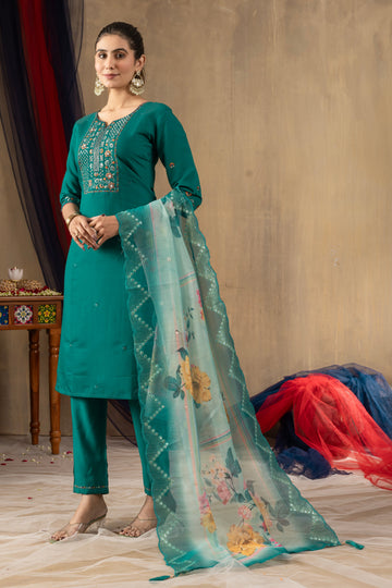 Rama Green Roman Silk Embroidered Kurta Pant Set