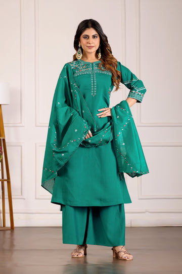 Elegant Rama Green Viscose Mango Silk Anarkali Kurti Set