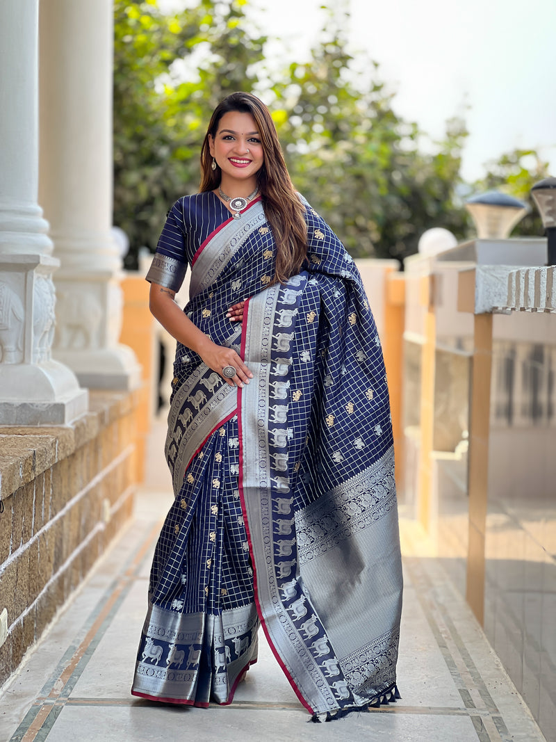 Royal Navy Blue Jacquard Saree
