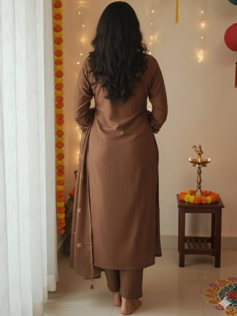 Aesthetic Mul Cotton Embroidery Madhavi Coffee Suit Set with Dupatta