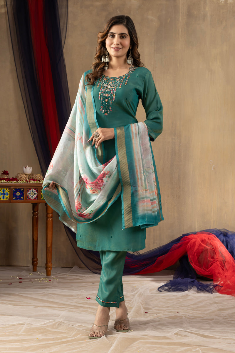 Rama Green Shimmer Gold Silk Embroidered Kurta Pant Set