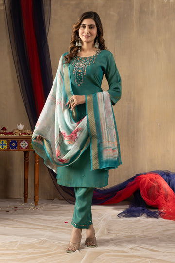 Rama Green Shimmer Gold Silk Embroidered Kurta Pant Set