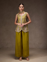 Olive Chinon Embroidered Suit Set