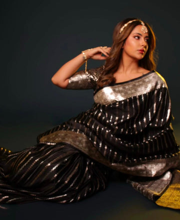 Black Jacquard Saree – Luxe Woven Saree for Festive & Party Wear