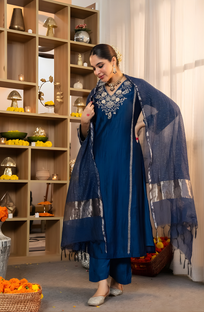 Pure Satori Silk Embroidered Blue Suit Set with Zari Banarasi Dupatta