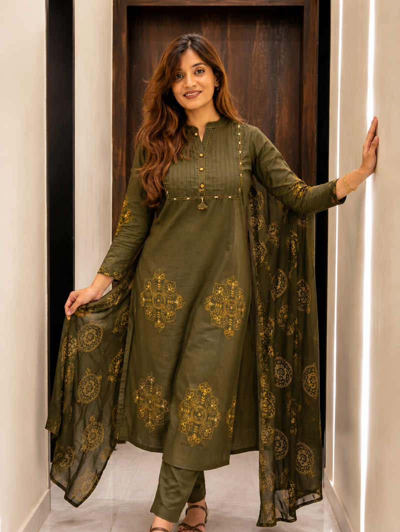 Pure Cotton Green Patchwork A-Line Kurta Pant Dupatta Set