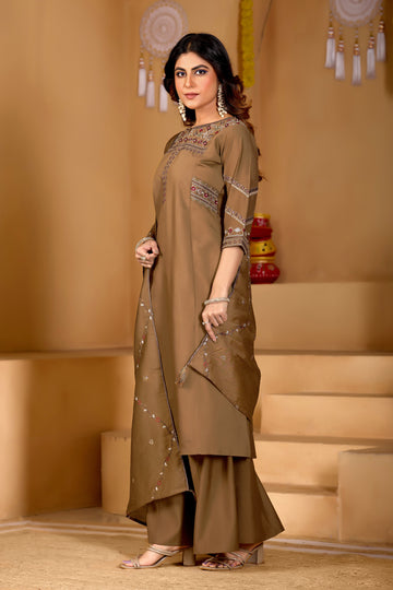 Elegant Brown Viscose Mango Silk Anarkali Kurti Set